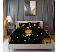 Fitted Sheets 30cm Deep Pocket Single - Soft Microfiber Simple Cartoon Lions Printed Bedding Set with 2 Pillowcases, Black Fade Resistant Breathable Bed Sheet for adults children