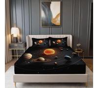 Fitted Sheets 30cm Deep Pocket Super King - Soft Microfiber 3D Space Galaxy Printed Bedding Set with 2 Pillowcases, Black Fade Resistant Breathable Bed Sheet for adults children