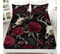 Fitted Sheets 4ft Small Double 48x75 inch, Black Sheets with Pillowcases - Elastic 30cm Deep pockets Sheets Set, Vintage Rose Deer Head Fitted Sheets Hypoallergenic Microfiber for Boys Girls