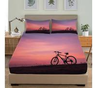 Fitted Sheets 4ft Small Double 48x75 inch Deep Pocket 12 inch Bicycle Silhouette At Sunset Hypoallergenic Anti-slip Soft Bedding Orange Purple 3D Fitted bed Sheet Suitable for Teenagers and Adults