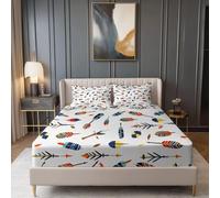 Fitted Sheets 90 x 190 Soft Microfiber Fitted Bed Sheets, Fade Resistant Bohemian Feathers Arrows Prints Bedsheets Size with 2 Envelope Pillowcases Colored White