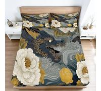 Fitted Sheets Bedding Sheets, Black Gold Dragon Floral Oriental Print Super King Size Bed for Deep Pocket 30cm - Shrinkage Fade Resistant Easy Care (180 x 200 cm, Ukiyo-e Japanese Art Fantasy)