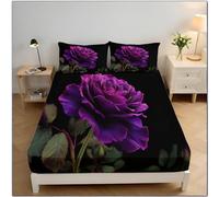 Fitted Sheets Bedding Sheets, Nature Flower Bloom Rose Print King Size Bed for Deep Pocket 30cm, Soft Breathable Shrinkage Fade Resistant Easy Care, Purple, 150x200cm