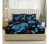 Fitted sheets Blue Roses Butterflies Dark Style Comfort Bedding Printed DoubleDeep Fitted Bed Sheets Luxury Washable Print Fitted Cover for MattressBlue And Black