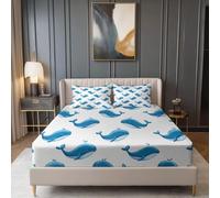Fitted Sheets Brushed Microfiber Light Blue Bedding Sets, Minimalist Cute Love Whales Print Deep Pocket Fitted Sheets, Durable Easy Care 150 x 200 cm Chic Breathable Bed Cover for Kids Boys Girls