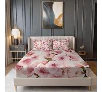 Fitted Sheets Brushed Microfiber Pink Bedding Sets, Exquisite Floral Elements Peach Blossoms Print Deep Pocket Fitted Sheets, Durable Easy Care 90 x 190 cm Chic Breathable Bed Cover for Kids Boys