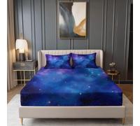 Fitted Sheets Brushed Microfiber Purple Bedding Sets, Space Night Sky Print Deep Pocket Fitted Sheets, Durable Easy Care 120 x 200 cm Chic Breathable Bed Cover for Kids Boys Girls