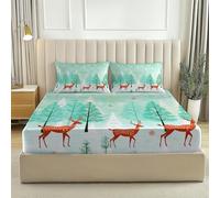 Fitted sheets Christmas Forest Deer Printed Fitted Sheet Set Double Extra Deep With PillowCases 2 Pack Soft & Machine Washable Mint Green Red