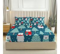 Fitted sheets Christmas Polar Bear Pine Tree 30cm Deep Pocket, Soft Microfiber Comfort Bedding 90 x 190 + 30 CM Extra Deep Fitted Sheets with Pillow cases 3 Pack Blue Red