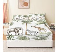 Fitted Sheets Double Jungle Scene Elephant Giraffe Print Sheets with Pillow Cases Green All Around Elastic 30cm Deep Hypoallergenic Microfiber Easy Care No Color Fade for Children and Adults