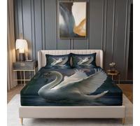 Fitted Sheets Fantasy Animals Swans Printed - Soft Brushed Microfiber Fade Resistant Grey Fitted Sheet with 2 Pillow Case, Double Size Bedding 30cm Extra Deep