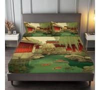Fitted Sheets for Small Double Bed,Chinese Style Traditional Architecture Plants Printing Bedding Sheets Deep Pocket 30 cm - Soft Breathable Microfiber Green Bed Sheet for Children Adult 120 x 200 cm