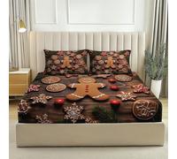 Fitted sheets Gingerbread Man Cookies Christmas Printed Fitted Sheet Set Single Extra Deep With PillowCases 2 Pack Soft & Machine Washable Brown Red