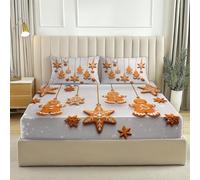 Fitted sheets Gingerbread Man Star Cookies Christmas Printed Fitted Sheet Set Double Extra Deep With PillowCases 2 Pack Soft & Machine Washable Orange White