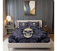 Fitted Sheets Gothic Style Skulls Vines unicorn, Black Printed Bedding Small Double 3Pcs Fitted Sheet Deep Pocket 30cm - Soft Microfibre Fabric Elasticity Wrinkle Resistant Bedding Sheets