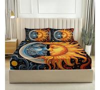 Fitted sheets Mysterious Sun Moon And Starry Sky Printed Fitted Sheet Set Double Extra Deep With PillowCases 2 Pack Soft & Machine Washable Orange Blue