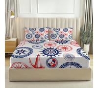 Fitted sheets Navigation Compass Sailboat 30cm Deep Pocket, Soft Microfiber Comfort Bedding 140 x 190 Extra Deep Fitted Sheets with Pillow cases 3 Pack Red Navy Blue