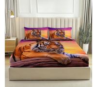 Fitted sheets Sunset Tiger Domineering Printed Fitted Sheet Set King Extra Deep With PillowCases 2 Pack Soft & Machine Washable Orange Purple