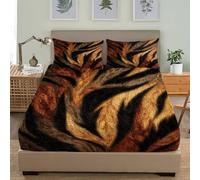 Fitted Sheets Super King 72x80 inch Deep Pocket 12 inch Tiger Fur Texture Hypoallergenic Anti-slip Soft Bedding Brown-Orange 3D Fitted bed Sheet Suitable for Teenagers and Adults