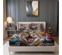 Fitted Sheets Surrealism Animals Cats Printed - Soft Brushed Microfiber Fade Resistant Brown Fitted Sheet with 2 Pillow Case, King Size Bedding 30cm Extra Deep