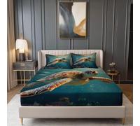 Fitted Sheets Surrealism Underwater World Turtles Printed - Soft Brushed Microfiber Fade Resistant Grey Fitted Sheet with 2 Pillow Case, Small Double Size Bedding 30cm Extra Deep