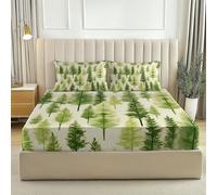 Fitted sheets Watercolor Pine Trees Forest Printed Fitted Sheet Set Super King Extra Deep With PillowCases 2 Pack Soft & Machine Washable Green Beige
