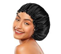Fittia Silk Satin Bonnet for Sleeping, Double Layer Adjustable Silk Hair Bonnet for Men Women Sleeping, Suitable for Medium Curly Frizzy Wavy Hair, Satin Sleep Cap Hair Wrap, Black, Black-taupe, M
