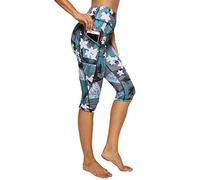 FITTOO Gym Leggings with Pockets High Waisted Leggings for Women Tummy Control 3/4 Length Sports Workout Running Yoga Pants Light Print Floral L