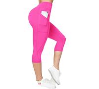 FITTOO High Waisted Leggings for Women Gym Leggings with Pockets 3/6 Length Sports Workout Running Yoga Pants Rose Red L