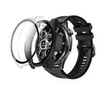 Fitudoos Pack of 2 Hard PC Case with Tempered Glass Screen Protector Compatible with Honor Watch 6, Highly Sensitive Lightweight Anti-Fall Protective Case, All-Round Protective Case, Black Transparent