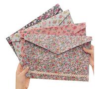 Fituenly 4 Pcs A4 Size Filing Envelope Retro Floral File Folder Fabric Document Bag Folder with Snap Button Closure for School Office