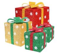 Fituenly 4pcs Christmas Boxes Decorations Christmas Tree Ornament Red Green Yellow Snowflake Boxes with Bows for Home Yard Party Decor