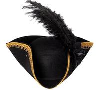 Fituenly Adult Tricorn Pirate Hat with Feather for Halloween Outfit - Black Pirate Hat for Colonial Revolutionary History Theme Birthday & Halloween Party Costume