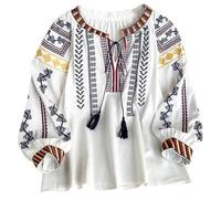 Fituenly Embroidery Mexican Tops Women's Summer Shirts Hippie Peasant V Neck Blouses Tunic