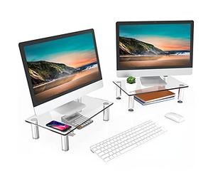 FITUEYES Dual Monitor Stand Glass Height Adjustable PC Laptop Computer Screen Riser, Desk Organzier, 2 Pack-38.5x24x7.5cm