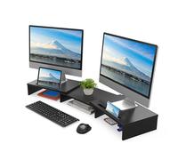 FITUEYES Dual Monitor Stand with 2 Extra Phone Holder, Wood PC Laptop Computer Stands Riser, 3 Shelf Swivel Length Adjustable, Home Office Supplies Desk Organzier, Max Load 25kg, Black