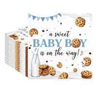 Fitumiw 80Pcs Cookie Baby Shower Paper Napkins A Sweet Baby Boy is On The Way Disposable Napkin Cookie and Milk Printed Decorative Napkins Party Supplies Table Decor
