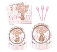 Fitumiw 96Pcs Bear Baby Shower Party Tableware Supplies Bear Plates and Napkins We Can Bearly Wait Party Set Baby Shower Decorations for Girl Serve 24 Guests (Pink)