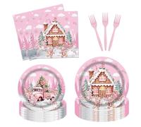 Fitumiw 96Pcs Pink Gingerbread House Party Tableware Supplies Christmas Cute Gingerbread Plates and Napkins Xmas Candy House Snowman Party Set Decorations Serve 24 Guests
