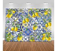 Fitumiw Blue Tiles Lemon Backdrop Summer Fruit Baby Shower Birthday Background Party Decorations Lemon Wall Paper Dessert Table Banner Photo Booth Props (7x5ft)