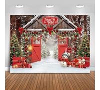 Fitumiw Christmas Backdrop 7x5ft North Pole Snowy Winter Forest Wooden Barn Door Photography Background Party Decorations Xmas Trees Family Holiday Banner Photo Booth Props