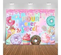 Fitumiw Donut 4th Birthday Backdrop 7x5ft Four Ever Sweet Donut Birthday Party Decorations Background for Girls Happy 4th Bday Cake Table Banner Photo Booth Props