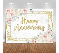Fitumiw Happy Anniversary Backdrop 7x5ft Pink and White Floral Wedding Anniversary Party Decorations Background Bridal Shower Engagement Banner Photo Booth Props