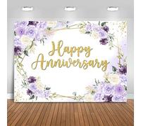 Fitumiw Happy Anniversary Backdrop Purple and White Flowers Anniversary Party Decorations Background Wedding Engagement Bridal Shower Banner Photo Booth Props (8x6ft)