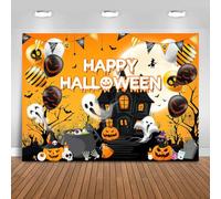Fitumiw Happy Halloween Backdrop Horrible Balloon Scary Ghost Halloween Party Decorations Background Strange Castle and Pumpkin Banner Photo Booth Props (7x5ft)
