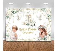 Fitumiw Nuestra Primera Comunión Backdrop for Twins Baptism God Bless First Holy Communion Background Party Decorations White Floral Christening Banner Photo Booth Props (7x5ft)