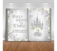 Fitumiw Once Upon a Time Backdrop Floral Castle Princess Fairy Tale Book Birthday Background Party Decorations for Girl Opening Magic Book Romantic Story Wall Decor Banner (Silver and Purple, 7x5ft)