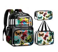 Fitvc 3PCS Clear Backpack for Boys - Gamer Clear Backpacks with Clear Lunch Bag and Clear Pencil Case for School Heavy Duty Clear Bookbag See Through Backpack for Boys