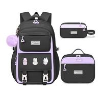 Fitvc Girls Backpack for School - Cute Girls Bookbag With Multiple Pockets Large Capacity School Backpack for Girls, Black-purple-backpack Set