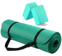 Fitvids All Purpose 1/2-Inch Extra Thick High Density Anti-Tear Exercise Yoga Mat with Carrying Strap and Yoga Blocks, Green
